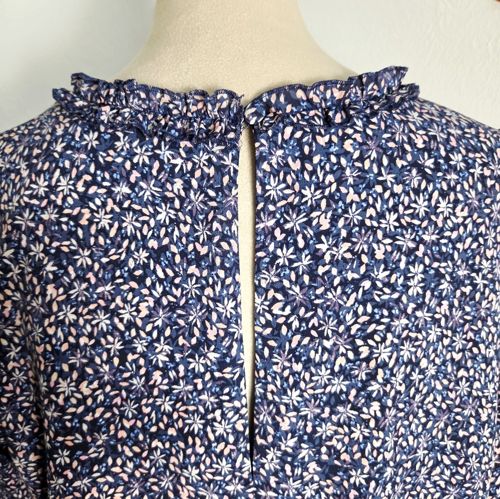 Banana Republic Blue & Pink Floral Ruffle-Neck Dress, Ties on the Side, Size 14 - Picture 12 of 15